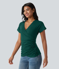 V Neck Short Sleeve Ruched Casual Top