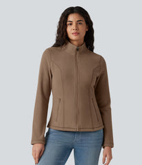 Stand Collar Zip Fly Slim Casual Fleece Jacket with Pockets