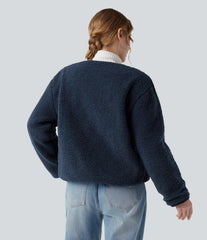 Reversible Long Sleeve Casual Sherpa Jacket with Pockets (Two Looks in One)