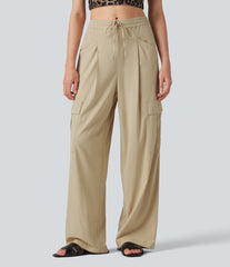 Mid Rise Drawstring Straight Leg Casual Stretch Linen Cargo Pants with Pockets