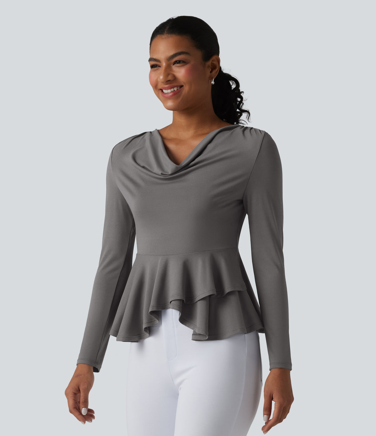 Cowl Neck Long Sleeve Ruffle Hem Work T-Shirt