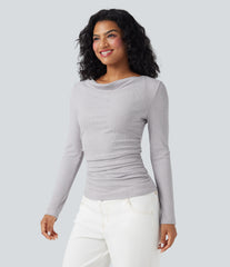 Ribbed Knit Cowl Neck Long Sleeve Ruched Casual Top