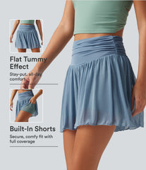 High Waisted Ruched Tummy Control Contrast Mesh 2-in-1 Casual Shorts 3" with Pockets