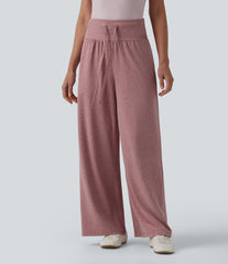 High Waisted Tummy Control Drawstring Wide Leg Casual Pants with Pockets