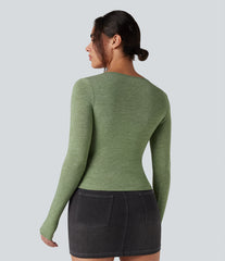 Scoop Neck Tie Front Long Sleeve Thumb Hole Casual Top