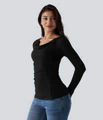 Ribbed Knit Cowl Neck Long Sleeve Ruched Casual Top