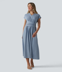 Halara Flex™ V Neck Short Sleeve Tie Back Denim Midi Casual Dress with Pockets
