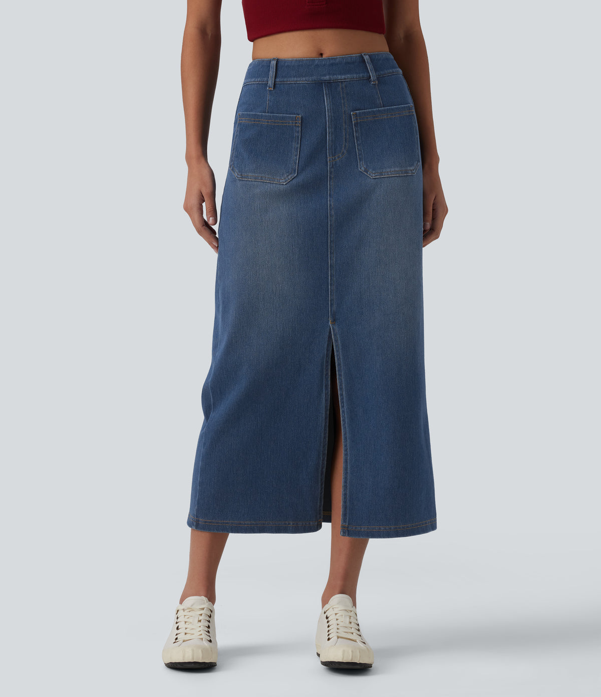 Halara Flex™ Mid Rise Denim Midi Casual Skirt with Pockets