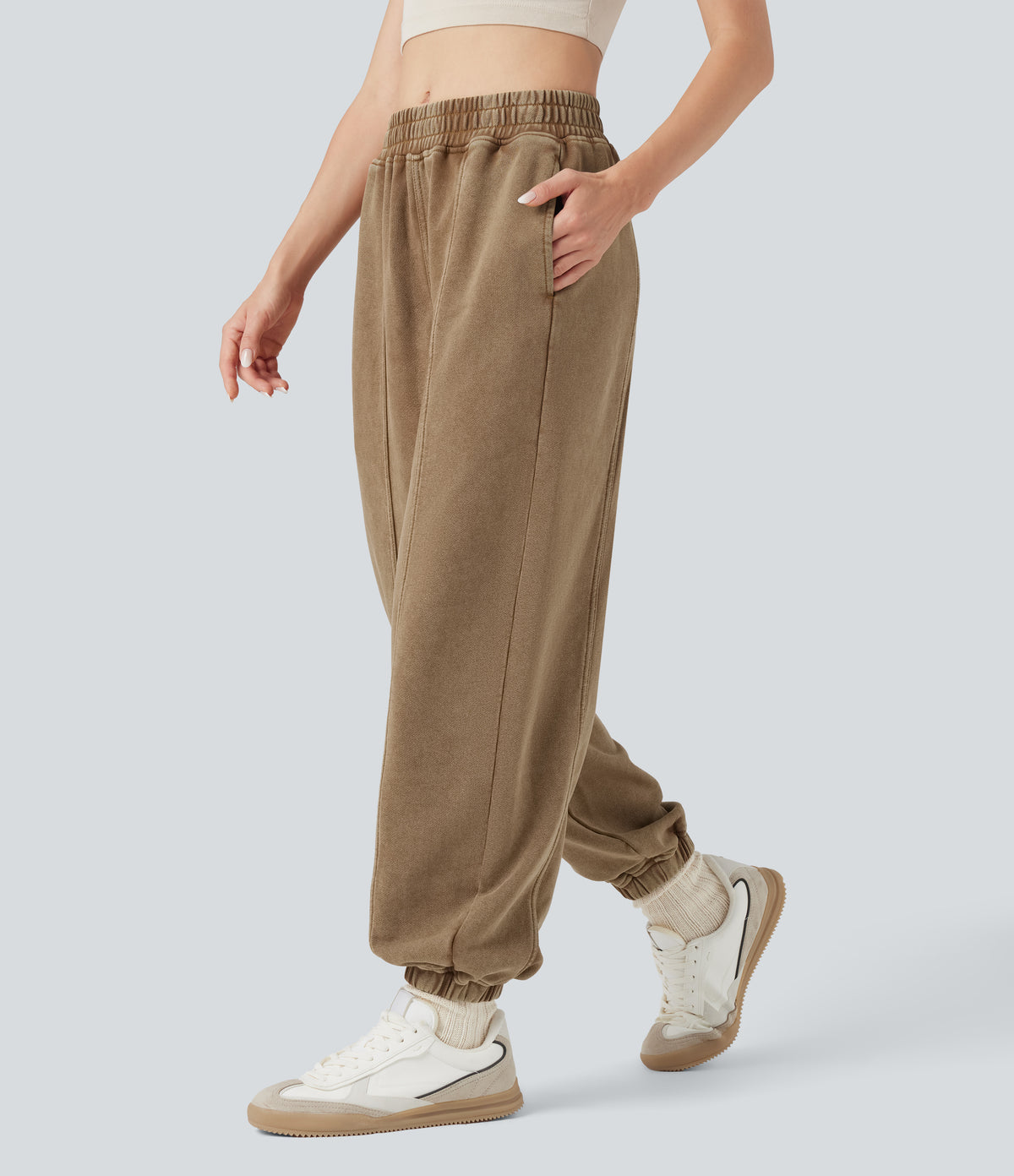 Mid Rise Washed French Terry Casual Cotton Joggers with Pockets