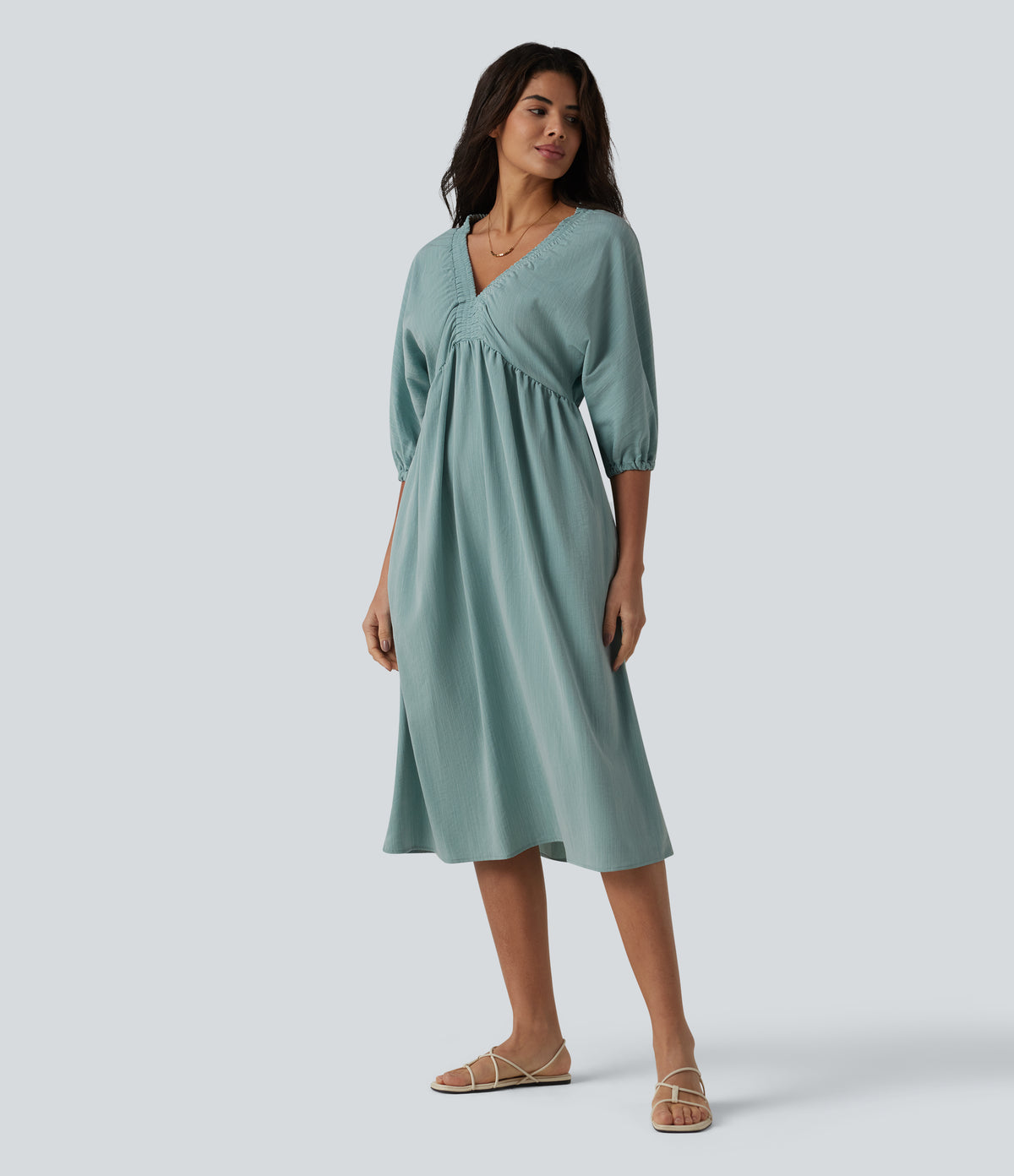 V Neck 3/4 Sleeve Midi Casual Linen-Feel Dress with Pockets