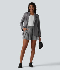Ruffle High Waisted Pleated Stripe Casual Shorts 4'' with Pockets