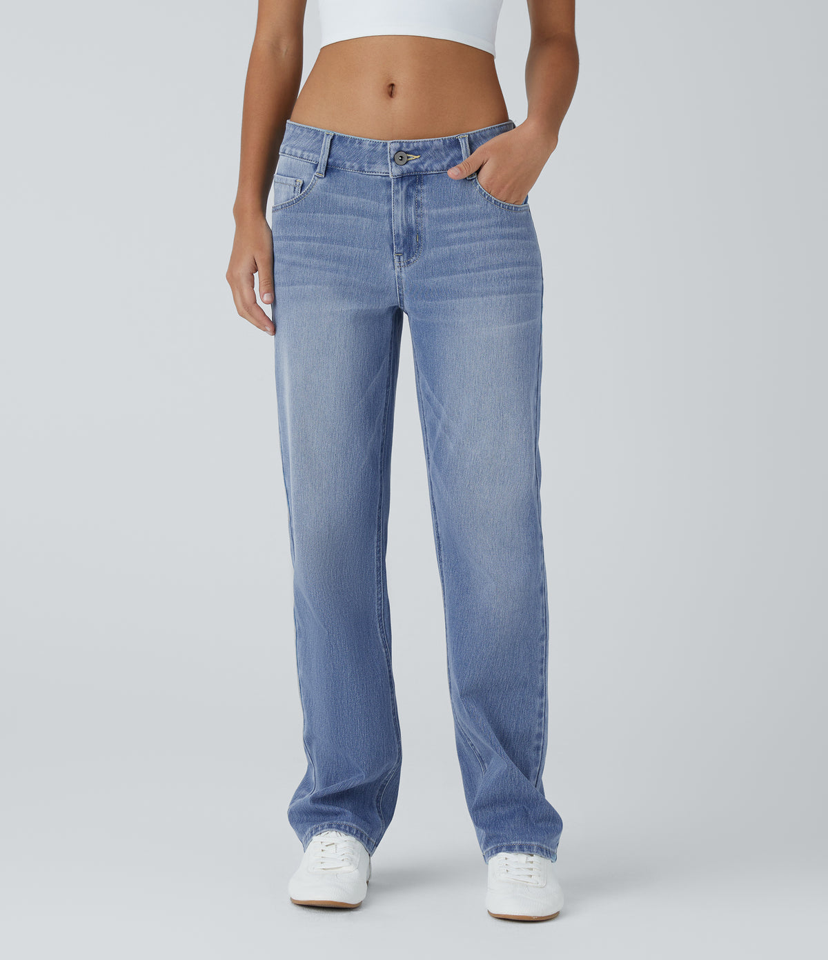 Halara Flex™ Low Rise Zipper Pockets Straight Leg Washed Casual Jeans