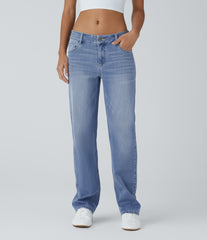 Halara Flex™ Low Rise Zipper Pockets Straight Leg Washed Casual Jeans
