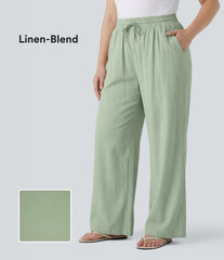 Plus Size High Waisted Drawstring Wide Leg Casual Linen-Blend Pants with Pockets