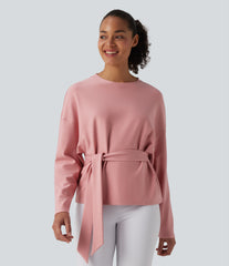 Round Neck Batwing Long Sleeve Belted Relaxed Casual Top