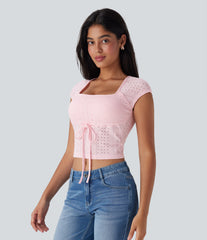 Square Neck Drawstring Eyelet Skinny Cropped Casual Top