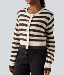 Round Neck Long Sleeve Stripe Work Cardigan