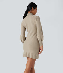Mock-neck Long Sleeve Ruffle Hem Mini Work Sweater Dress