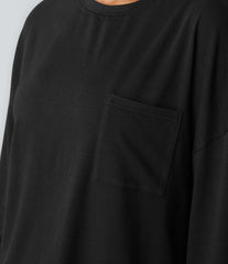 Round Neck Long Sleeve Pocket Hem Relax Casual Top