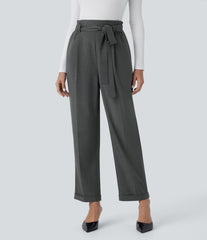 High Waisted Belted Pocket Straight Leg Work Pants