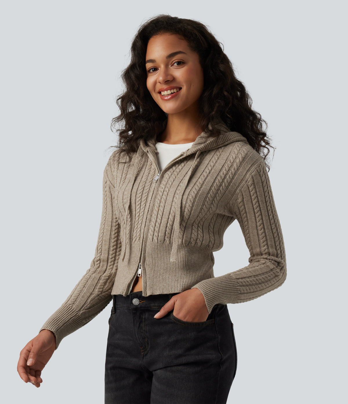 Hooded Zip Fly Cable Knit Casual Cardigan
