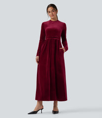 Mock-neck Long Sleeve Maxi Casual Velvet Dress with Pockets