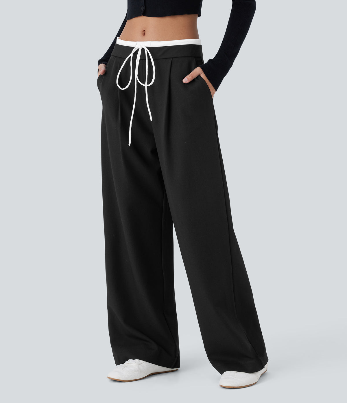 Double-Layer Color Block Low Rise Drawstring Pocket Wide Leg Casual Pants