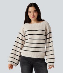 Boat Neck Long Sleeve Stripes Work Sweater