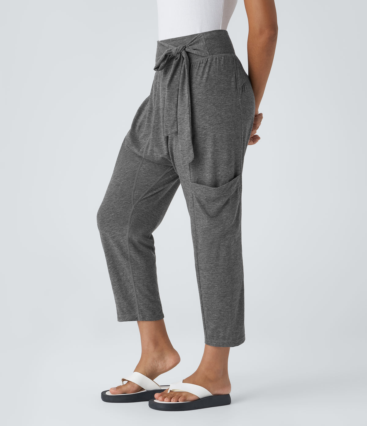 Mid Rise Tie Pockets Casual Harem Pants