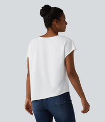 Boat Neck Drawstring Asymmetric Hem Work Chiffon T-Shirt