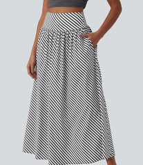 High Waisted Stripe Maxi Casual Flowy Skirt with Pockets