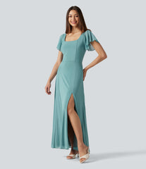 Square Neck Short Sleeve Built-in Bra Tie Back Flowy Maxi Dress