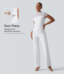 DayStretch Round Neck Short Sleeve Contrast Mesh Jumpsuit-Easy Peezy Edition