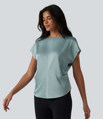 Boat Neck Cap Sleeve Work Satin Top