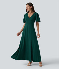 Deep V-neck Flounce Sleeve Split Built-in Bra Maxi Flowy Bridesmaid and Wedding Guest Dress with Pockets