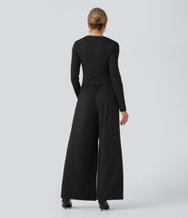Sweetheart Neck Long Sleeve Ruched Casual Jumpsuit with Pockets-Easy Peezy Edition