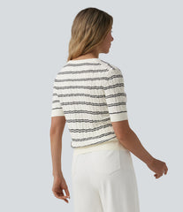 Henley Short Sleeve Stripes Work Sweater