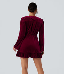V-neck Long Sleeve Wrapped Ruffle Hem Mini Casual Velvet Dress