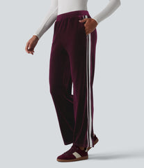 Low Rise Color Block Stripes Velvet Casual Flare Pants with Pockets