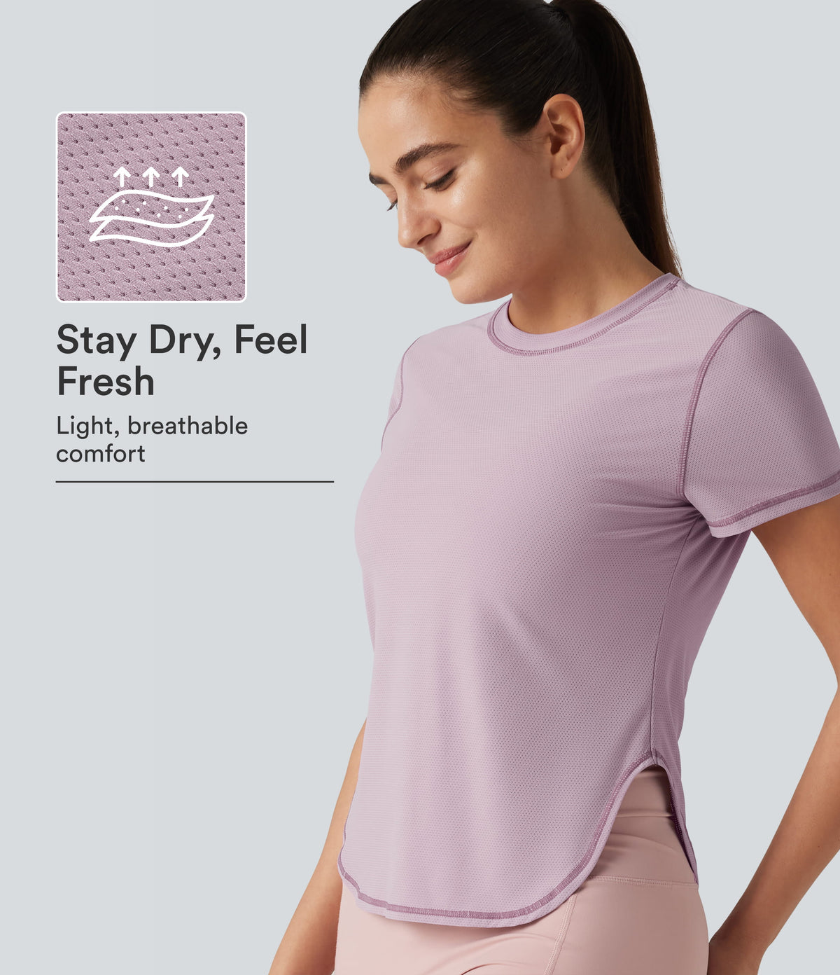 Round Neck Short Sleeve Curved Hem Breathable Mesh Yoga Sports Top