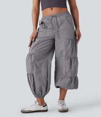 Mid Rise Drawstring Pocket Ruched Parachute Casual Cargo Baggy Joggers