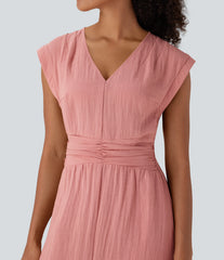 Deep V Neck Cap Sleeve Ruched Maxi Linen-Feel Dress with Pockets