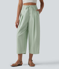 High Waisted Drawstring Barrel Leg Cropped Casual Cotton Linen Pants with Pockets