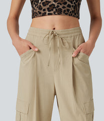 Mid Rise Drawstring Straight Leg Casual Stretch Linen Cargo Pants with Pockets