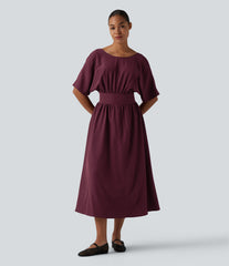 Round Neck Short Sleeve Tie Back Midi Casual Dress with Pockets