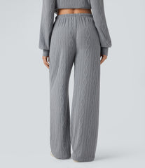 High Waisted Drawstring Cable Knit Casual Pants with Pockets