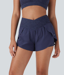 Breezeful™ High Waisted Crossover 2-in-1 Pocket Contrast Lace Quick Dry Yoga Shorts 3''