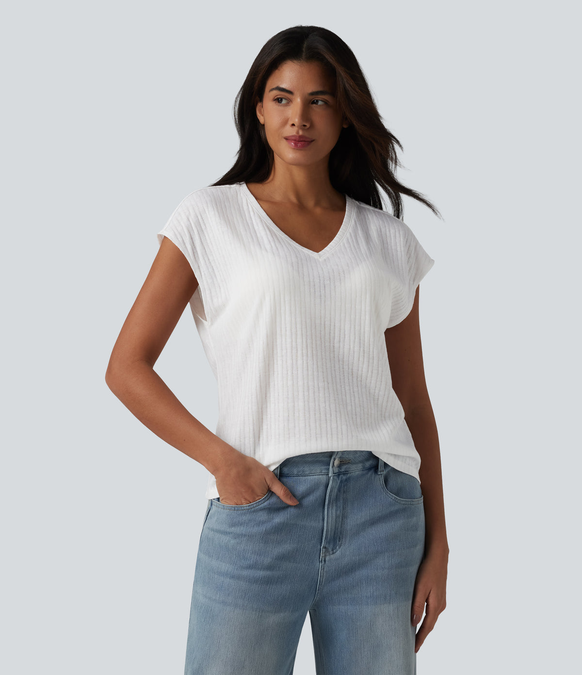 V Neck Short Sleeve Jacquard Casual T-Shirt