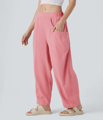 High Waisted Pocket Barrel Leg Casual Linen-Feel Pants