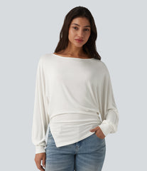 Ribbed Knit Boat Neck Batwing Long Sleeve Split Ruched Hem Casual Top